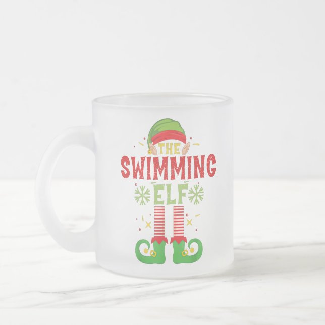 Swimming Elf Family Matching Group Christmas Party Frosted Glass Coffee Mug (Left)