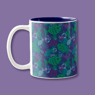 Swimming Fish and Bubbles Vibrant Reef Pattern Two-Tone Coffee Mug