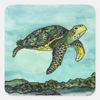 Swimming Green Turtle Square Sticker
