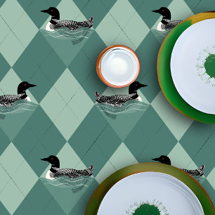Swimming Loon Birds Green Argyle Lake Cabin Decor Tablecloth