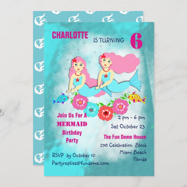 Swimming Mermaids Cute Girly Birthday Party Invite (Front/Back)