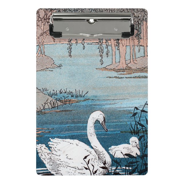 Swimming Mother White Swan in Lake With Baby Mini Clipboard (Front)