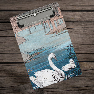 Swimming Mother White Swan in Lake With Baby Mini Clipboard