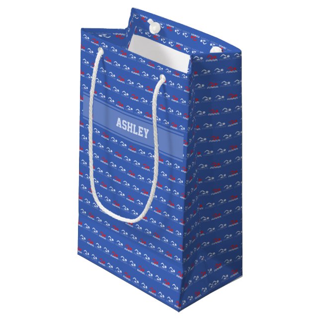 Swimming pattern custom name small gift bag (Front Angled)