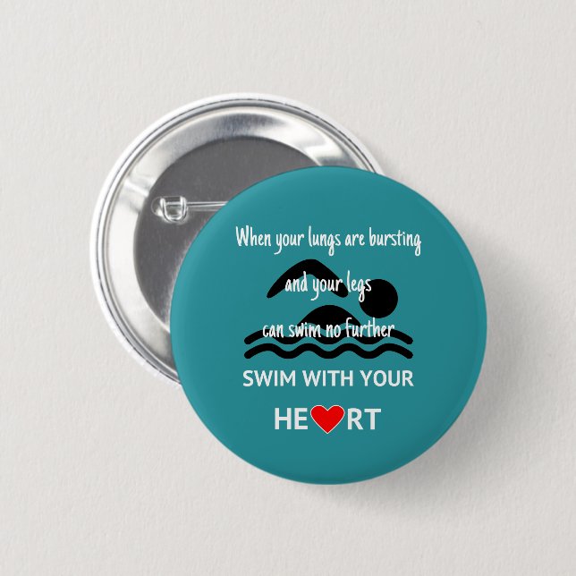 Swimming pictogram motivational swim with heart 6 cm round badge (Front & Back)
