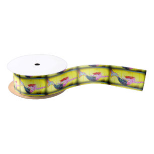 swimming pink mermaids on yellow satin ribbon