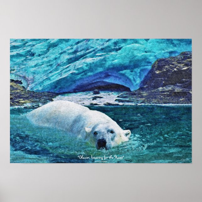 Swimming Polar Bear & Glacier Wildlife Art Poster (Front)