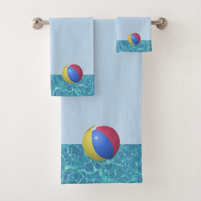 Swimming pool blue water & beach ball bath towel  (Insitu)
