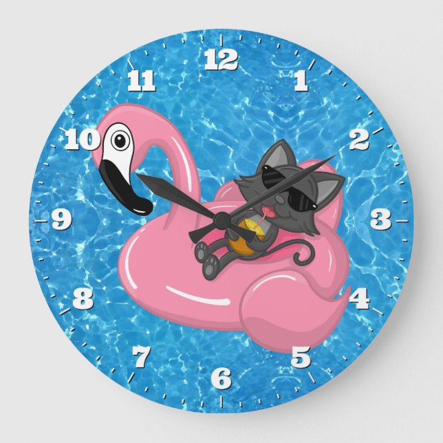Swimming Pool Cute Cat Flamingo Blue Water Large Clock (Front)