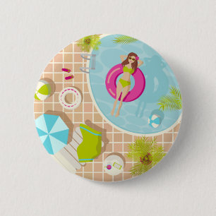 Swimming pool girl in bikini summer beach 6 cm round badge