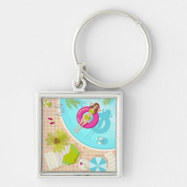 Swimming pool girl in bikini summer beach  key ring (Front)