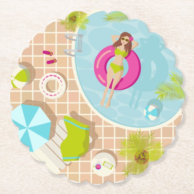 Swimming pool girl in bikini summer beach paper coaster (Front)
