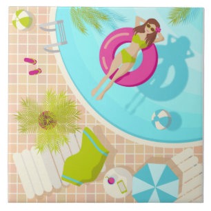 Swimming pool girl in bikini summer beach tile