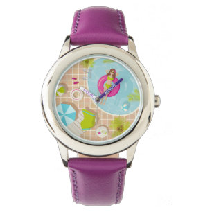 Swimming pool girl in bikini summer beach watch