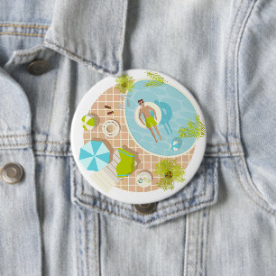 Swimming pool guy on tropical summer beach vacay 10 cm round badge