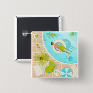 Swimming pool guy on tropical summer beach vacay 15 cm square badge