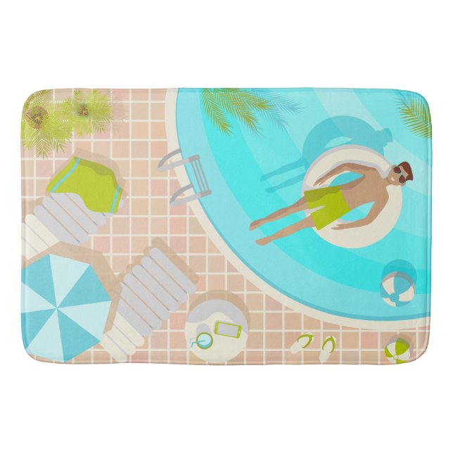Swimming pool guy on tropical summer beach vacay bath mat (Front)