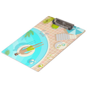 Swimming pool guy on tropical summer beach vacay clipboard