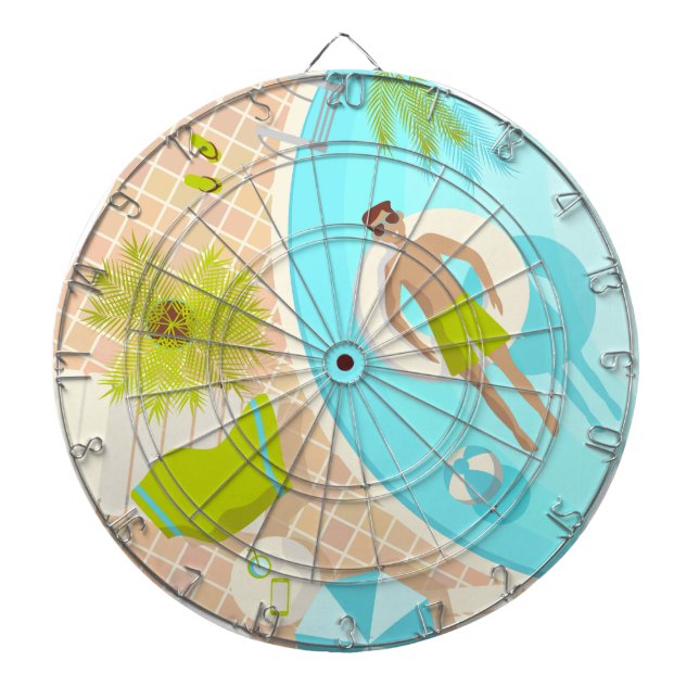 Swimming pool guy on tropical summer beach vacay dartboard (Front)