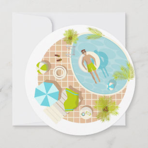 Swimming pool guy on tropical summer beach vacay invitation