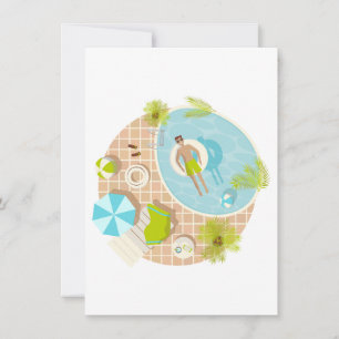 Swimming pool guy on tropical summer beach vacay invitation