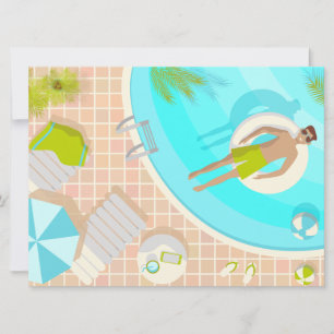 Swimming pool guy on tropical summer beach vacay invitation