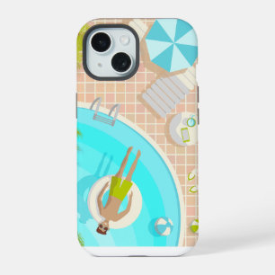 Swimming pool guy on tropical summer beach vacay iPhone 15 case