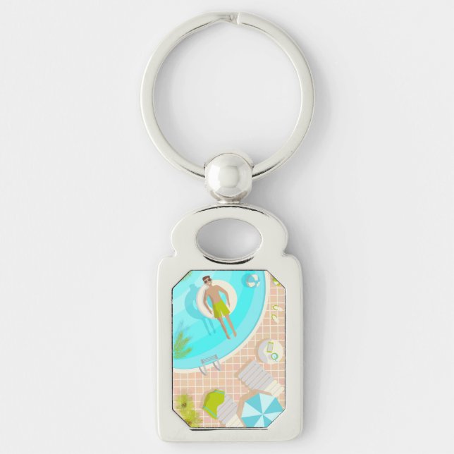 Swimming pool guy on tropical summer beach vacay key ring (Front)