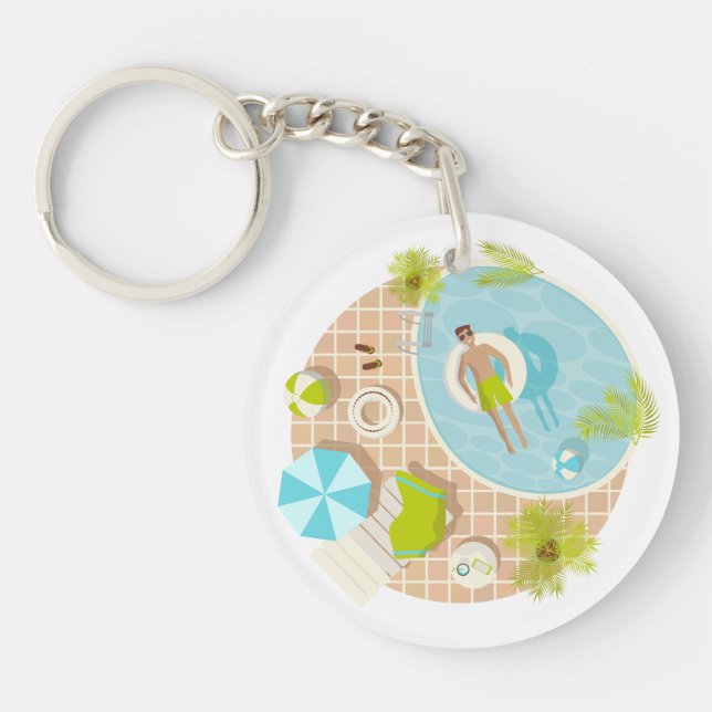 Swimming pool guy on tropical summer beach vacay key ring (Front)
