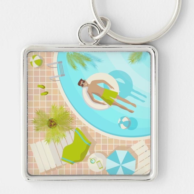 Swimming pool guy on tropical summer beach vacay key ring (Front)