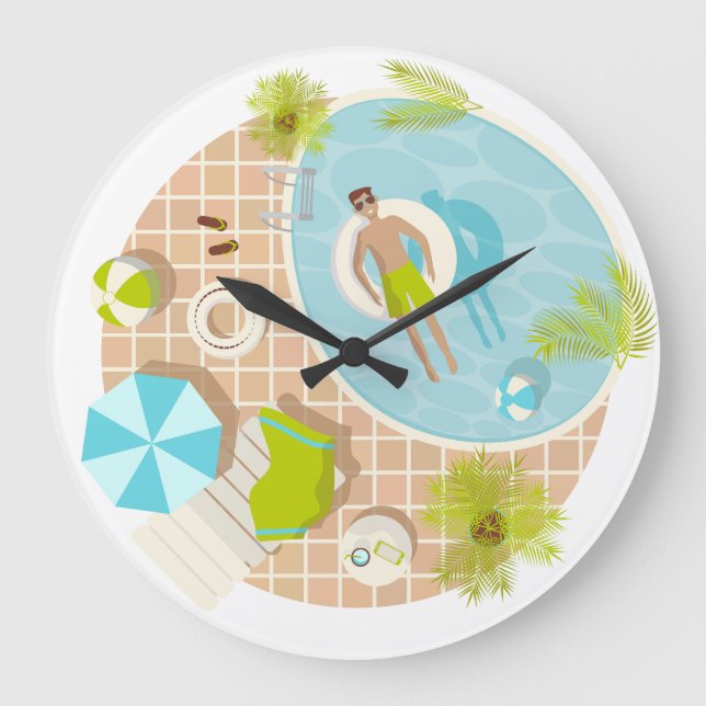 Swimming pool guy on tropical summer beach vacay large clock (Front)