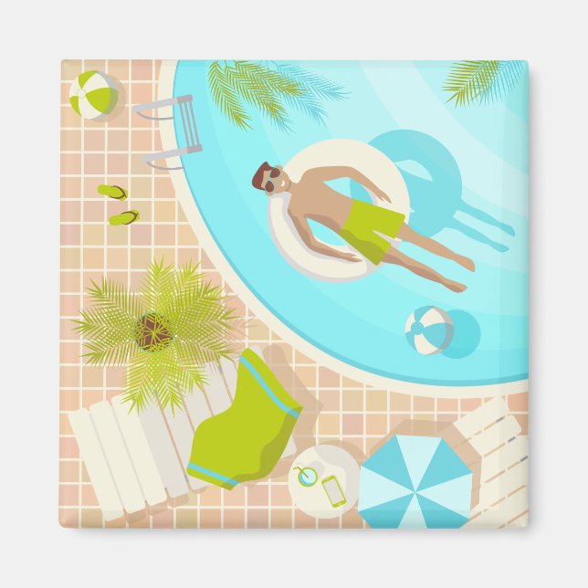 Swimming pool guy on tropical summer beach vacay magnet (Front)