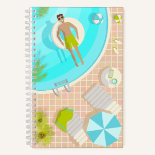 Swimming pool guy on tropical summer beach vacay notebook