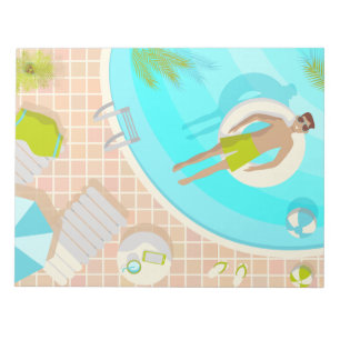 Swimming pool guy on tropical summer beach vacay notepad