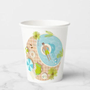 Swimming pool guy on tropical summer beach vacay paper cups
