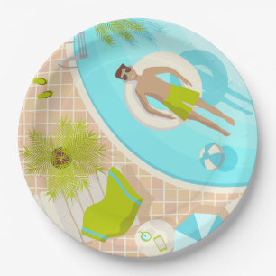Swimming pool guy on tropical summer beach vacay paper plate