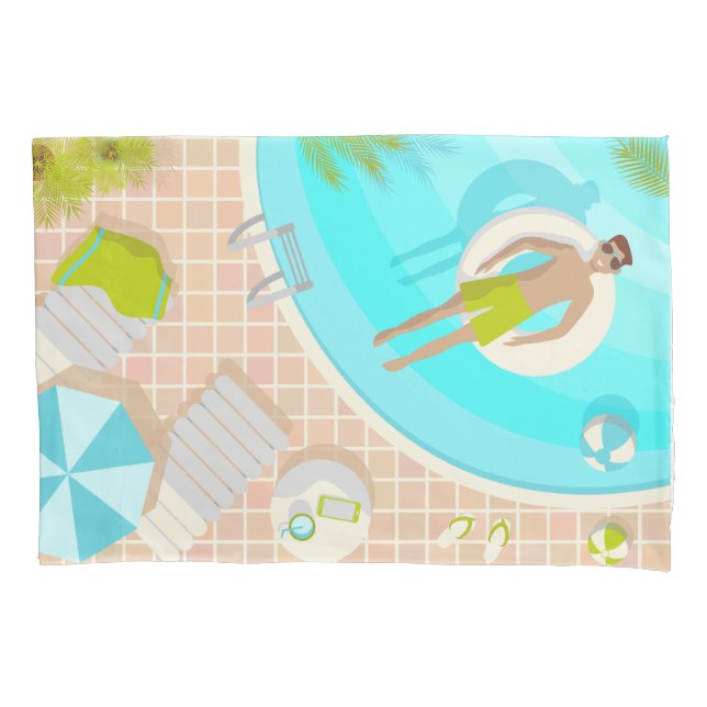 Swimming pool guy on tropical summer beach vacay pillowcase (Front-Left)