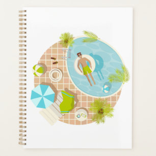 Swimming pool guy on tropical summer beach vacay planner