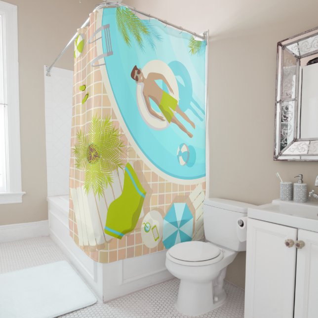 Swimming pool guy on tropical summer beach vacay shower curtain (In Situ)