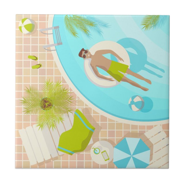 Swimming pool guy on tropical summer beach vacay tile (Front)