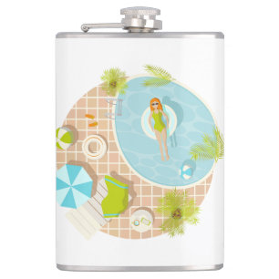 Swimming pool party girl in bikini summer beach  hip flask