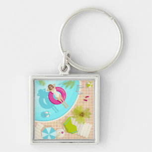 Swimming pool party girl in bikini summer beach key ring