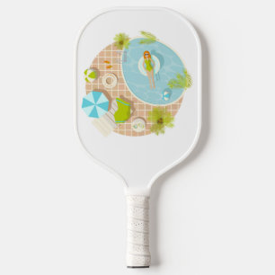 Swimming pool party girl in bikini summer beach pickleball paddle
