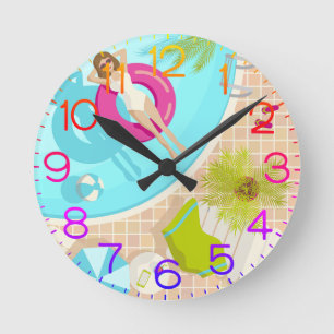 Swimming pool party girl in bikini summer beach round clock