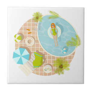 Swimming pool party girl in bikini summer beach tile