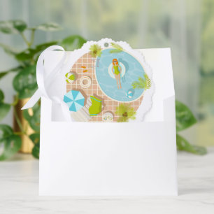 Swimming pool party girl in bikini summer beach tree decoration card