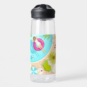 Swimming pool party girl in bikini summer beach water bottle