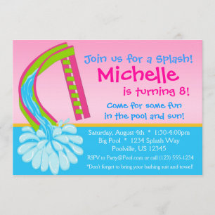 Swimming Pool Party - Pink Water Slide Birthday Invitation