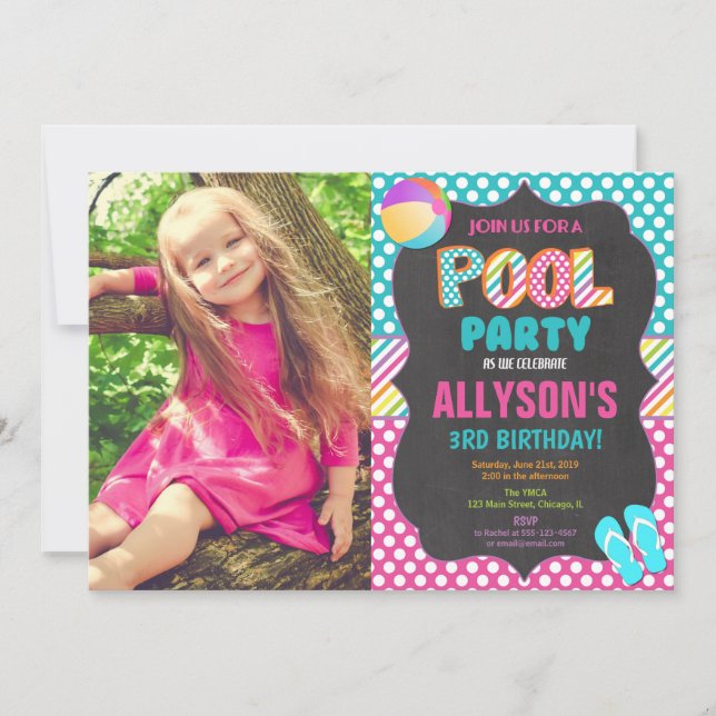 Swimming pool party summer birthday party photo invitation (Front)