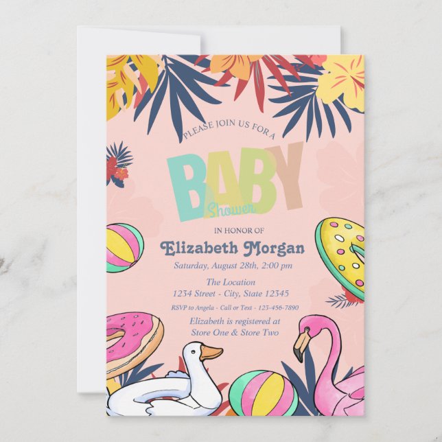 Swimming Pool Toys Leaves Hibiscus Baby Shower Invitation (Front)